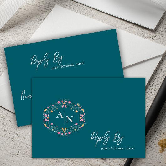 Cartons Réponse Élégant Monogramme vert Mariage floral complexe