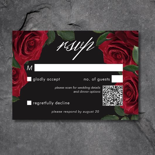 Cartons Réponse Élégant Moody Blood Red Roses Floral QR Code