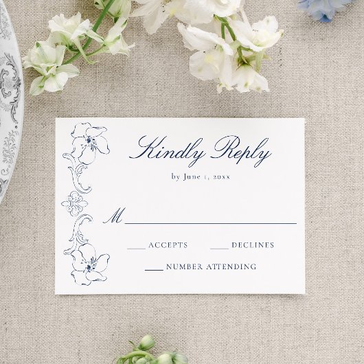 Cartons Réponse Elegant Navy Ornate Floral Frame Wedding