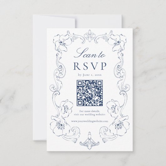 Cartons Réponse Elegant Navy Ornate Floral QR Code Wedding (Devant)
