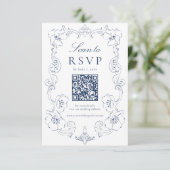 Cartons Réponse Elegant Navy Ornate Floral QR Code Wedding (Debout devant)