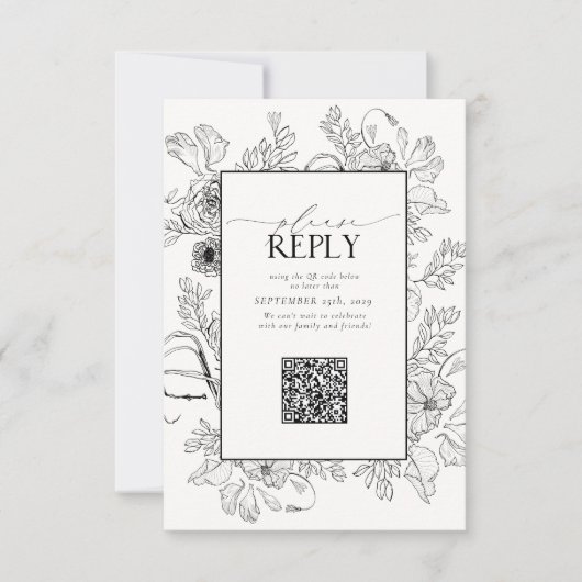 Cartons Réponse Élégant noir blanc Mariage QR Code S'il vous plaît (Devant)