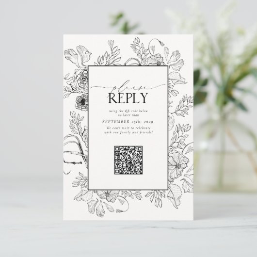 Cartons Réponse Élégant noir blanc Mariage QR Code S'il vous plaît (Debout devant)