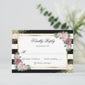 Cartons Réponse Élégant noir blanc or Blush Floral Mariage (Debout devant)
