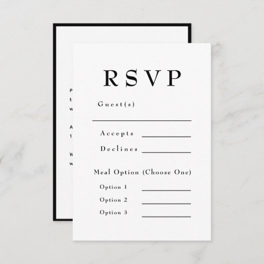Cartons Réponse Élégant noir et blanc Mariage intemporel (Devant / Derrière)