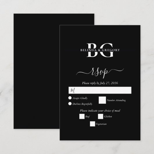 Cartons Réponse Élégant Noir et Blanc Monogramme Initiales Mariage (Devant / Derrière)