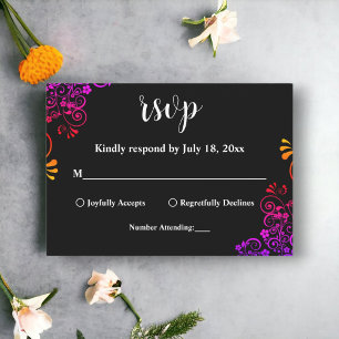 Cartons Réponse Élégant noir et blanc orné Mariage floral