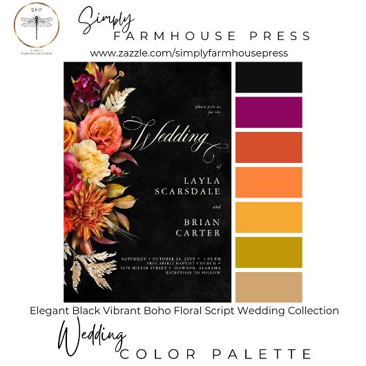 Cartons Réponse Élégant noir Vibrant Boho Floral Script Mariage