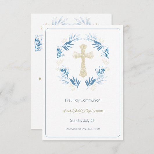 Cartons Réponse Élégant Or Bleu Première Communion Sainte (Devant / Derrière)