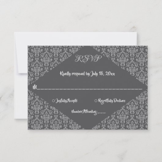 Cartons Réponse Élégant Ornate Classy Damask Grey Mariage officiel (Devant)