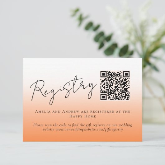 Cartons Réponse Elegant Peach Orange Fuzz Code QR Registre Mariage (Debout devant)