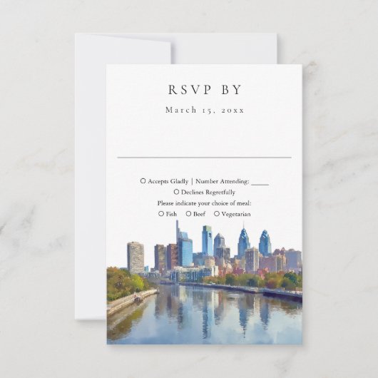 Cartons Réponse Elegant Philadelphia Skyline Watercolor Wedding (Devant)