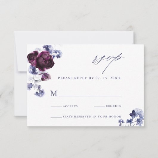 Cartons Réponse Élégant Plum violet & Indigo Mariage Floral bleu (Devant)