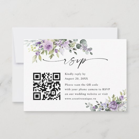 Cartons Réponse Elegant Purple Floral Wedding Website QR Code (Devant)
