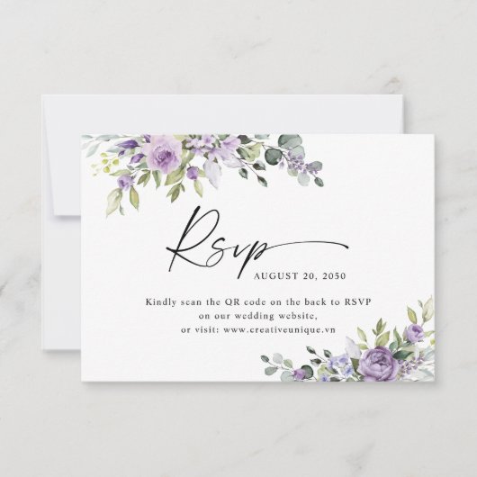 Cartons Réponse Elegant Purple Floral Wedding Website QR Code (Devant)