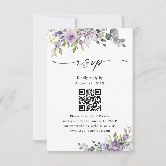 Cartons Réponse Elegant Purple Floral Wedding Website QR Code (Devant)