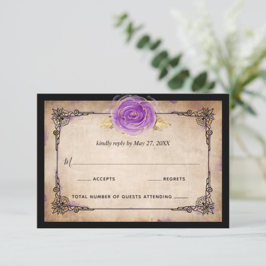 Cartons Réponse Elégant Rose aquarelle Rustique Mariage violet or (Debout devant)