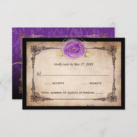 Cartons Réponse Elégant Rose aquarelle Rustique Mariage violet or (Devant / Derrière)