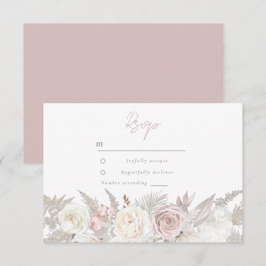 Cartons Réponse Elégant Rose Dusty & Mariage Floral blanc ivoire (Devant / Derrière)