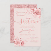 Cartons Réponse Élégant Rose Gold Sweet 16 Parties scintillant Flo (Devant / Derrière)