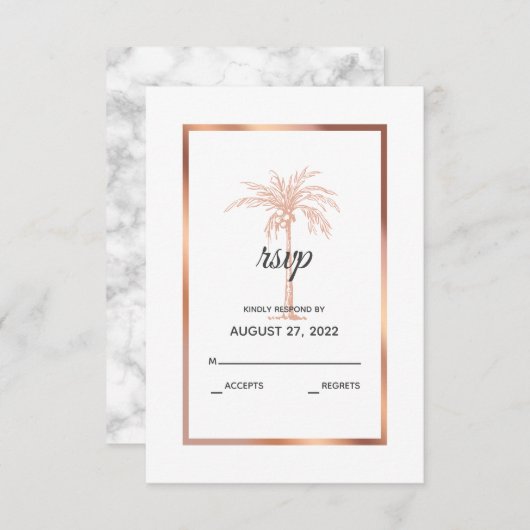 Cartons Réponse Elégant Rose or cuivre marbre palmier Mariage (Devant / Derrière)