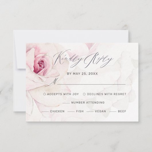 Cartons Réponse Élégant Rose Rose Floral Script Repas Mariage (Devant)