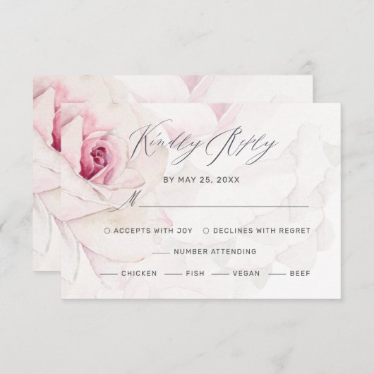 Cartons Réponse Élégant Rose Rose Floral Script Repas Mariage (Devant / Derrière)