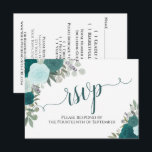 Cartons Réponse Élégant Rose Turquoise Mariage de calligraphie flo<br><div class="desc">Ces belles cartes RSVP vous permettront de répondre facilement à vos faire-part de mariage. Elles présentent un élégant design boho floral avec une calligraphie en dentelle et des roses aquarelles peints à la main dans des tons turquoises et turquoise. Le verso de la carte est un formulaire à remplir et...</div>