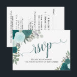 Cartons Réponse Élégant Rose Turquoise Mariage de calligraphie flo<br><div class="desc">Ces belles cartes RSVP vous permettront de répondre facilement à vos faire-part de mariage. Elles présentent un élégant design boho floral avec une calligraphie en dentelle et des roses aquarelles peints à la main dans des tons turquoises et turquoise. Le verso de la carte est un formulaire à remplir et...</div>