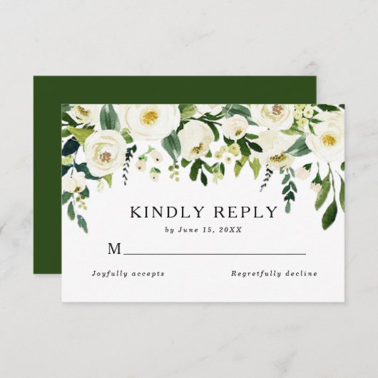 Cartons Réponse Elégant Roses Blanches Verdure Mariage d'été (Devant / Derrière)