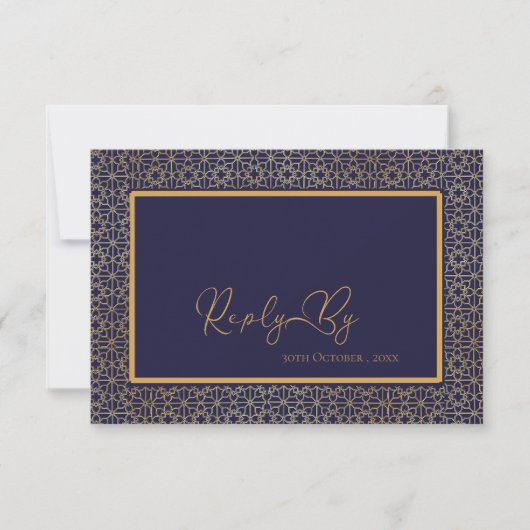 Cartons Réponse Elégant Royal Blue Gold Intricate Design Mariage (Devant)