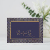 Cartons Réponse Elégant Royal Blue Gold Intricate Design Mariage (Debout devant)