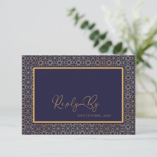 Cartons Réponse Elégant Royal Blue Gold Intricate Design Mariage (Debout devant)