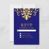 Cartons Réponse Elégant Royal Blue Gold Mariage damassé (Devant)