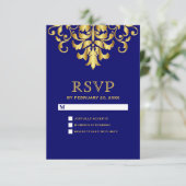 Cartons Réponse Elégant Royal Blue Gold Mariage damassé (Debout devant)