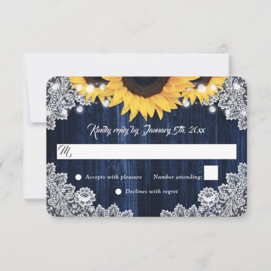 Cartons Réponse Elegant Rustic Navy Blue Wood Sunflower Wedding (Devant)