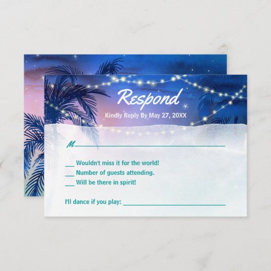 Cartons Réponse Elégant rustique aquarelle Palm Tree Beach Mariage (Devant / Derrière)