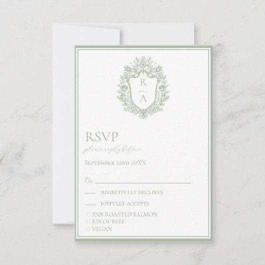 Cartons Réponse Élégant Sage Green Crest Mariage Choix alimentaire (Devant)