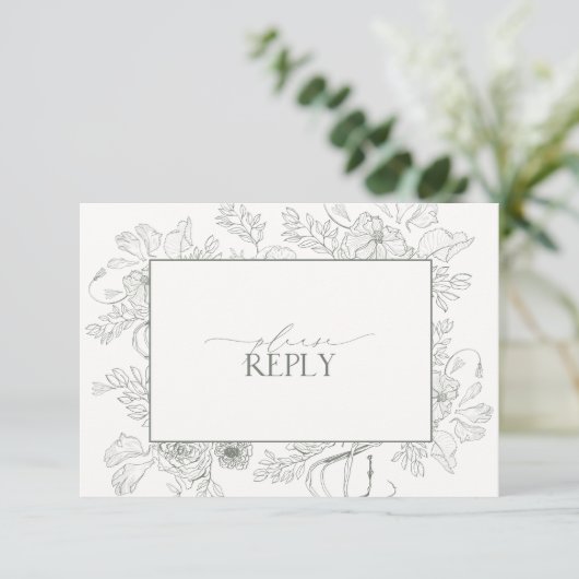 Cartons Réponse Élégant Sage Green Floral Line Art Mariage QR Code (Debout devant)