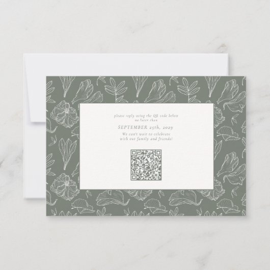 Cartons Réponse Élégant Sage Green Floral Line Art Mariage QR Code (Dos)