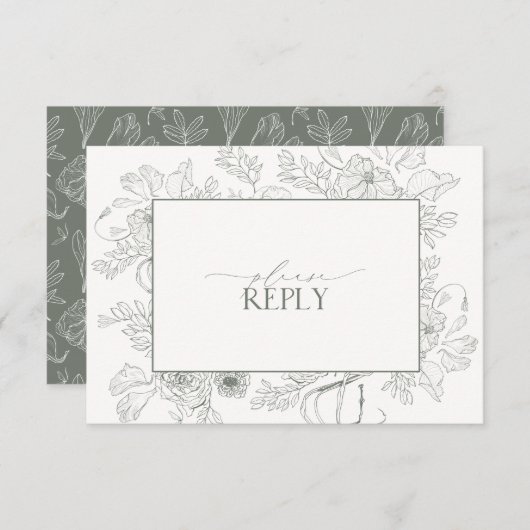 Cartons Réponse Élégant Sage Green Floral Line Art Mariage QR Code (Devant / Derrière)