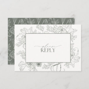 Cartons Réponse Élégant Sage Green Floral Line Art Mariage QR Code