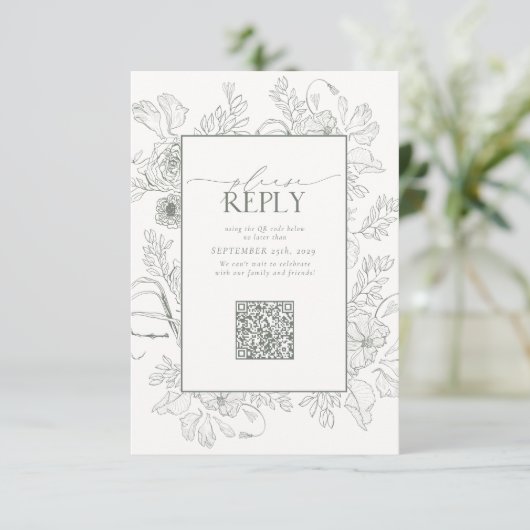 Cartons Réponse Elegant Sage Green Mariage QR Code Veuillez Répond (Debout devant)