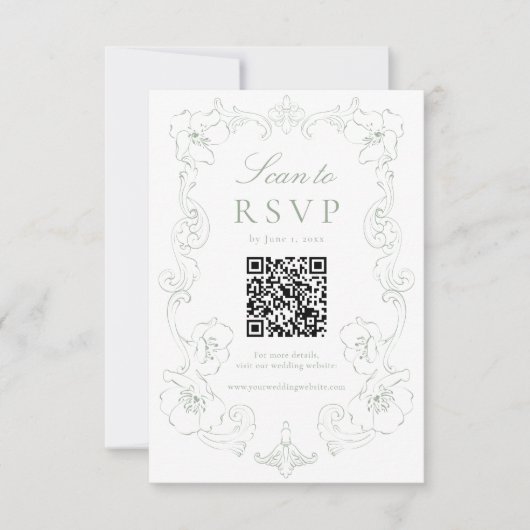 Cartons Réponse Elegant Sage Green Ornate Floral QR Code Wedding (Devant)
