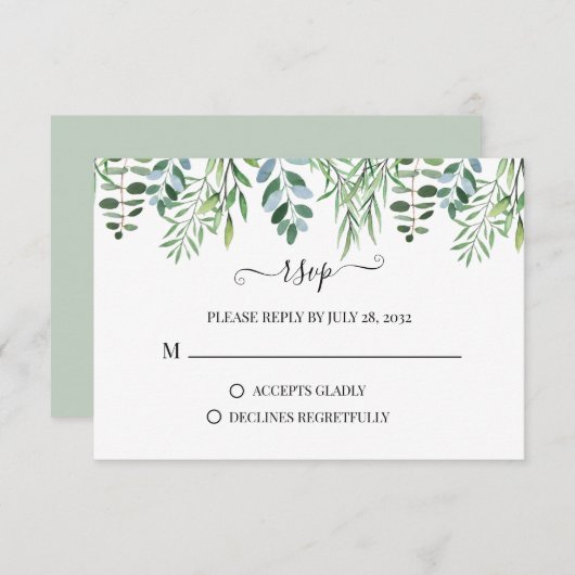 Cartons Réponse Elégant Sage Vert verdure Eucalyptus Mariage RSV (Devant / Derrière)