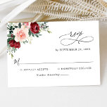 Cartons Réponse Élégant Script Burgundy Blush Floral Mariage<br><div class="desc">Conçue pour coordonner avec notre collection de mariages Romantic Blooms,  cette carte RSVP personnalisable,  présente des flores bordeaux et rousses à feuilles verdoyants et des textes graphiques de script de calligraphie,  jumelée à un serif élégant et moderne sans police en noir. Éléments correspondants disponibles.</div>