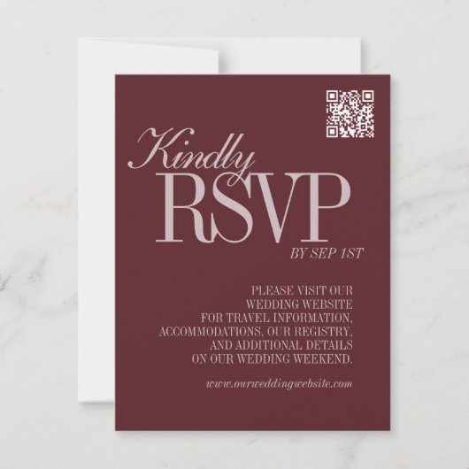 Cartons Réponse Elegant Script Burgundy Red QR Code Formal Wedding (Devant)