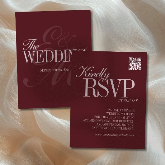 Cartons Réponse Elegant Script Burgundy Red QR Code Formal Wedding
