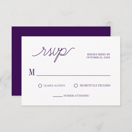 Cartons Réponse Élégant Script chic violet Mariage minimal (Devant / Derrière)