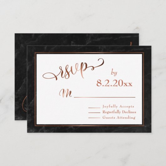 Cartons Réponse Élégant script en cuivre avec mariage en marbre no (Devant / Derrière)